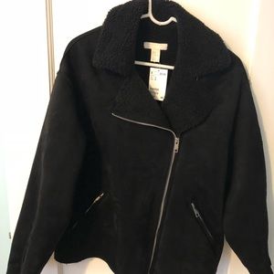 Black suede sherpa coat